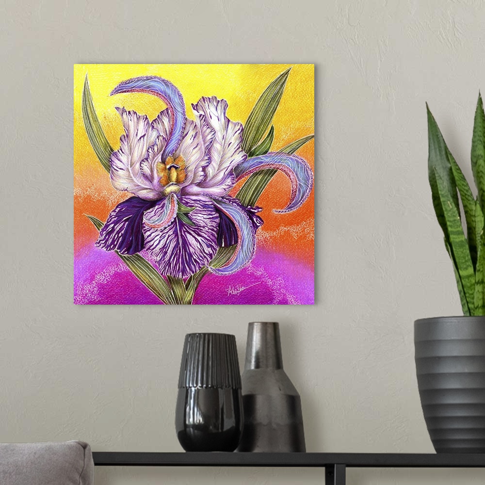 A modern room featuring A painting of a purple iris against a vibrant colored background.