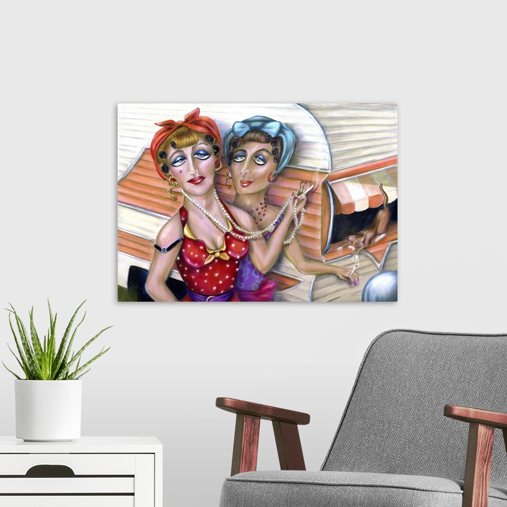 A modern room featuring Contemporary painting of two women smoking in front of a trailer with a cat in the window.