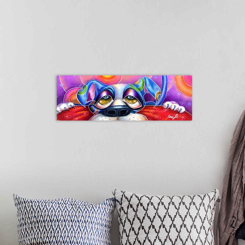 A bohemian room featuring Contemporary artwork in the style of cubism of a stretching dog in bold colors.