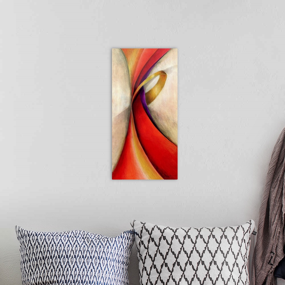 A bohemian room featuring Long vertical modern painting of a swirl of red and yellow lines in a twisted shape.