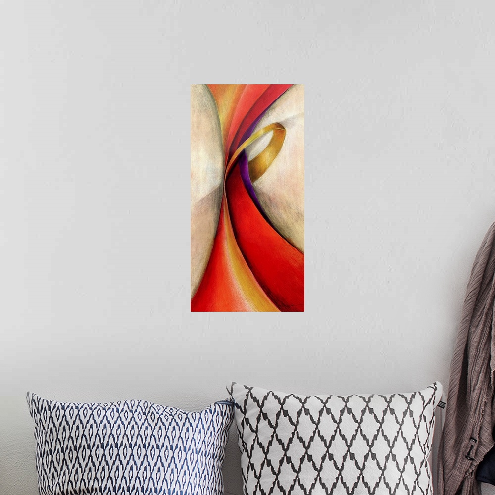 A bohemian room featuring Long vertical modern painting of a swirl of red and yellow lines in a twisted shape.