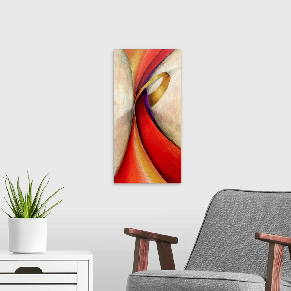 A modern room featuring Long vertical modern painting of a swirl of red and yellow lines in a twisted shape.