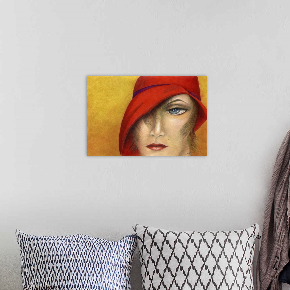 A bohemian room featuring A horizontal contemporary painting of a female in a red hat.