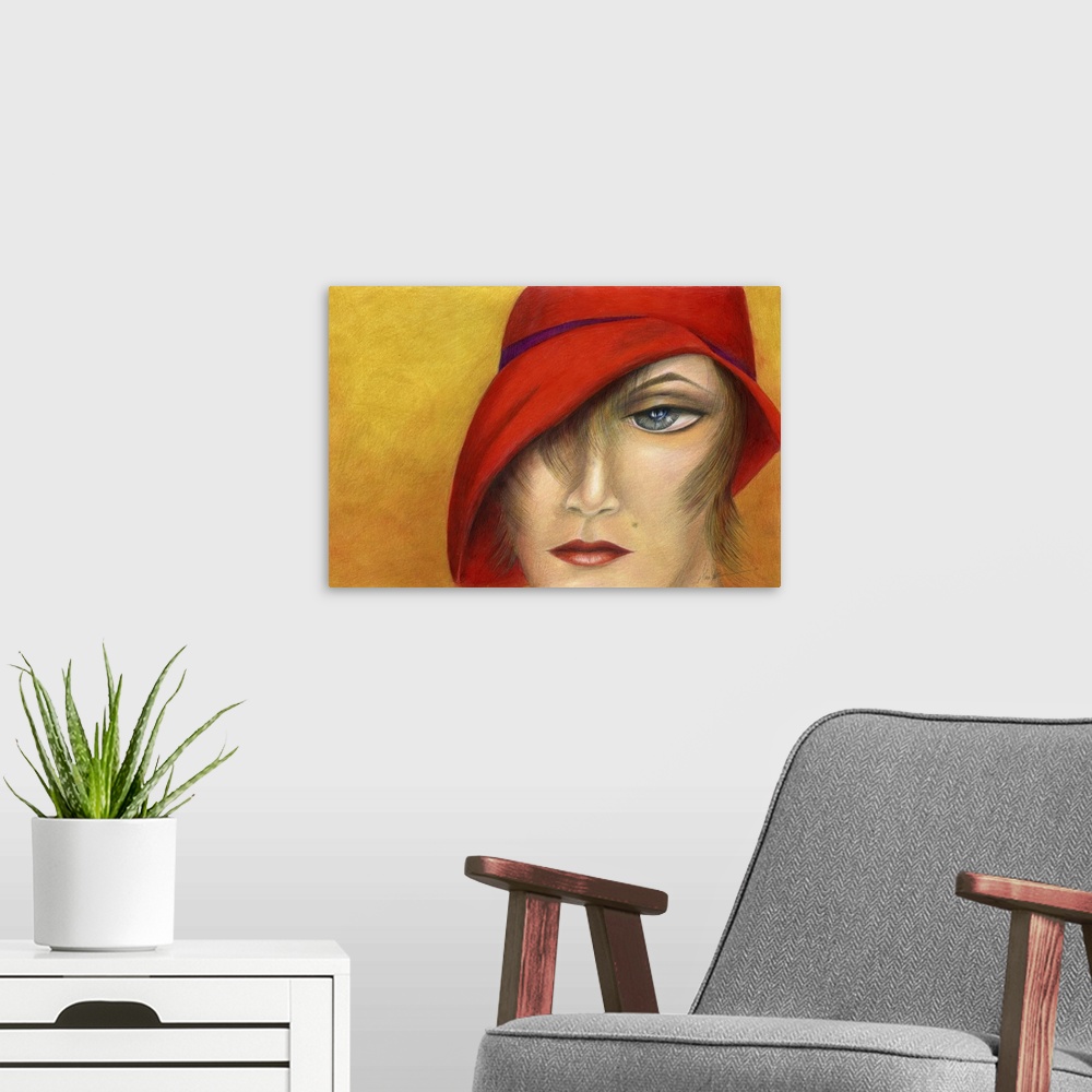 A modern room featuring A horizontal contemporary painting of a female in a red hat.