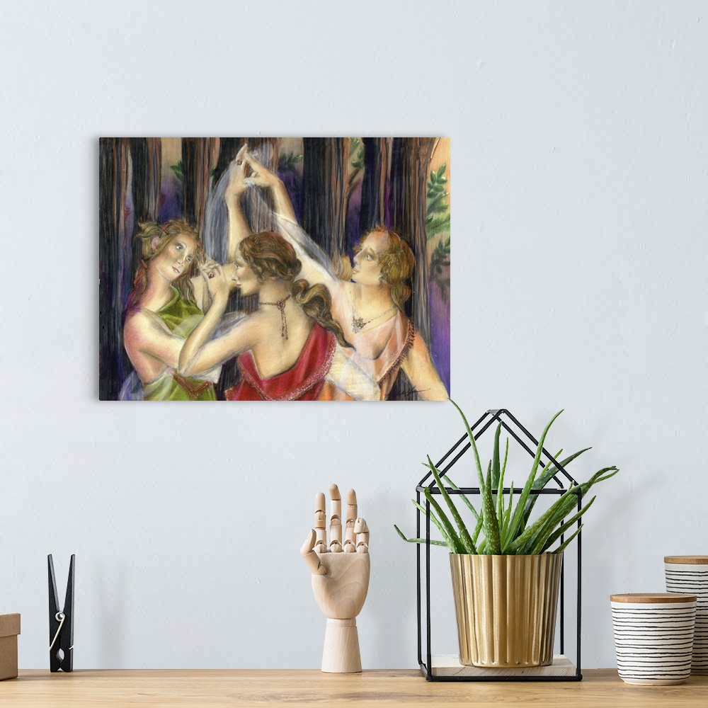A bohemian room featuring Horizontal painting of three women dancing in a circle in the woods.