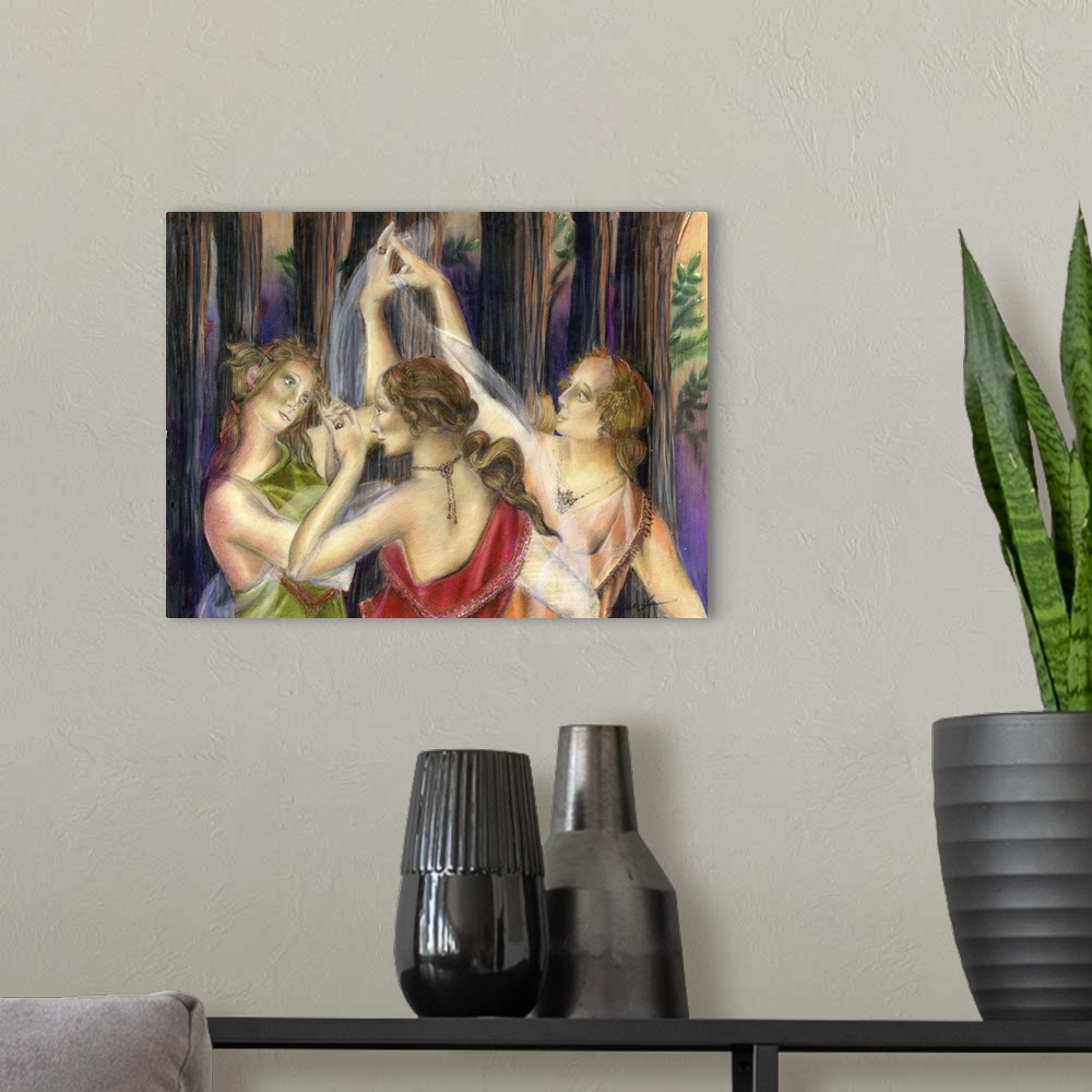 A modern room featuring Horizontal painting of three women dancing in a circle in the woods.