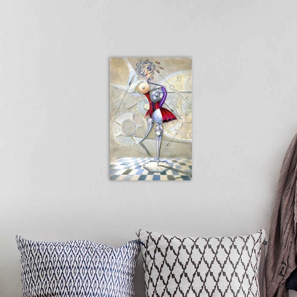 A bohemian room featuring An abstract painting of a woman in red in front of a clock.