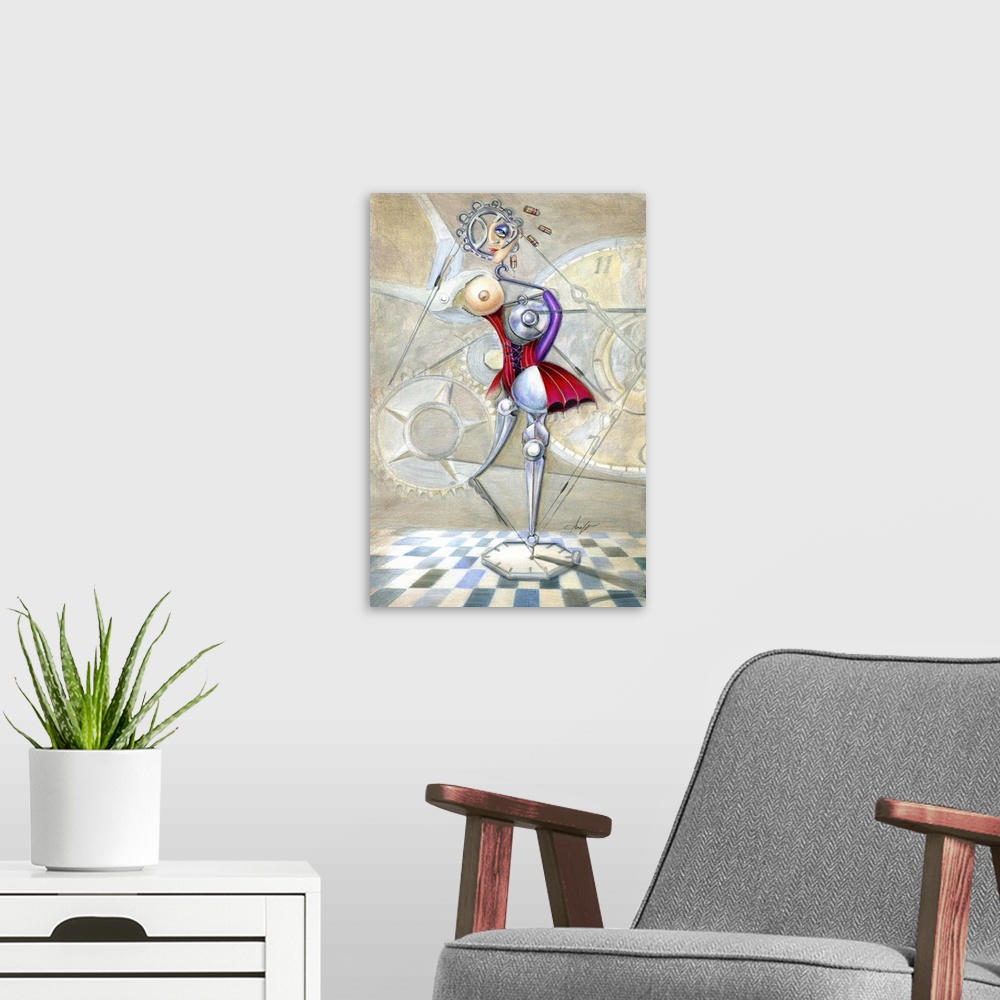 A modern room featuring An abstract painting of a woman in red in front of a clock.