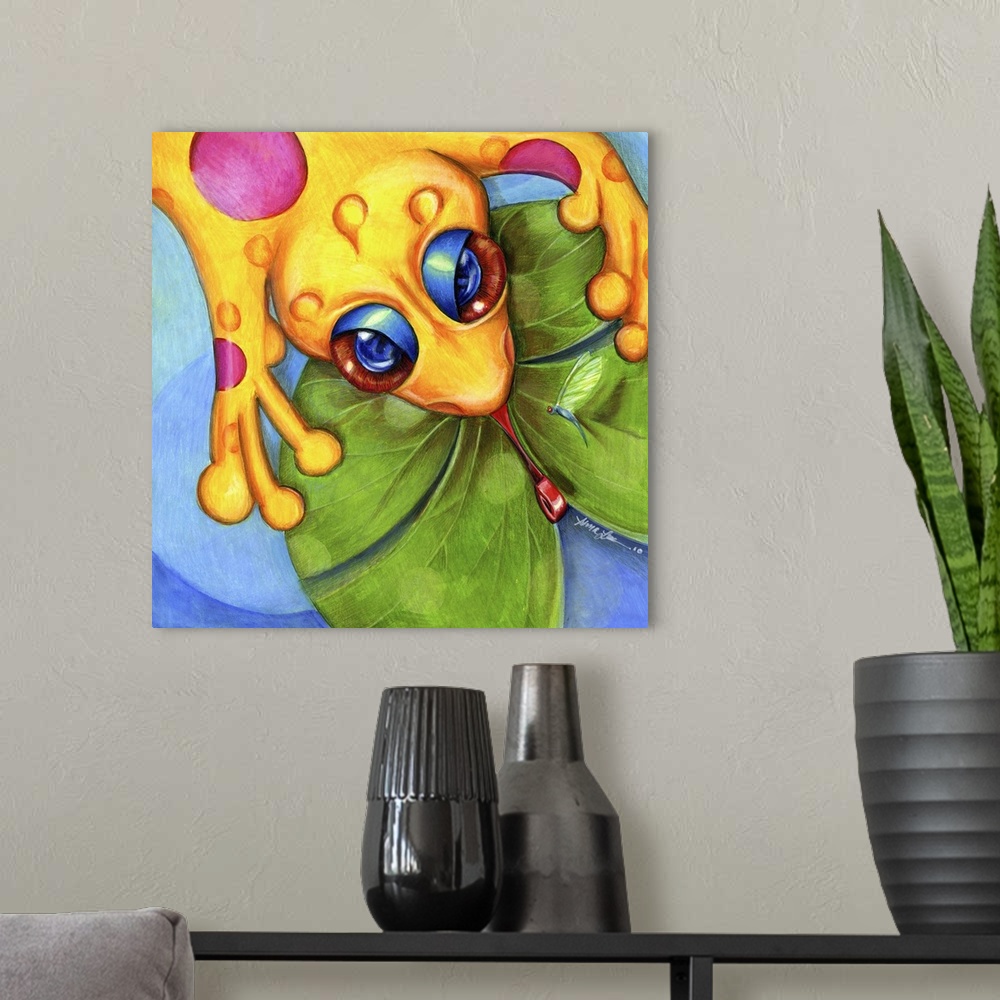 A modern room featuring Square contemporary painting of a yellow frog on a lily pad.