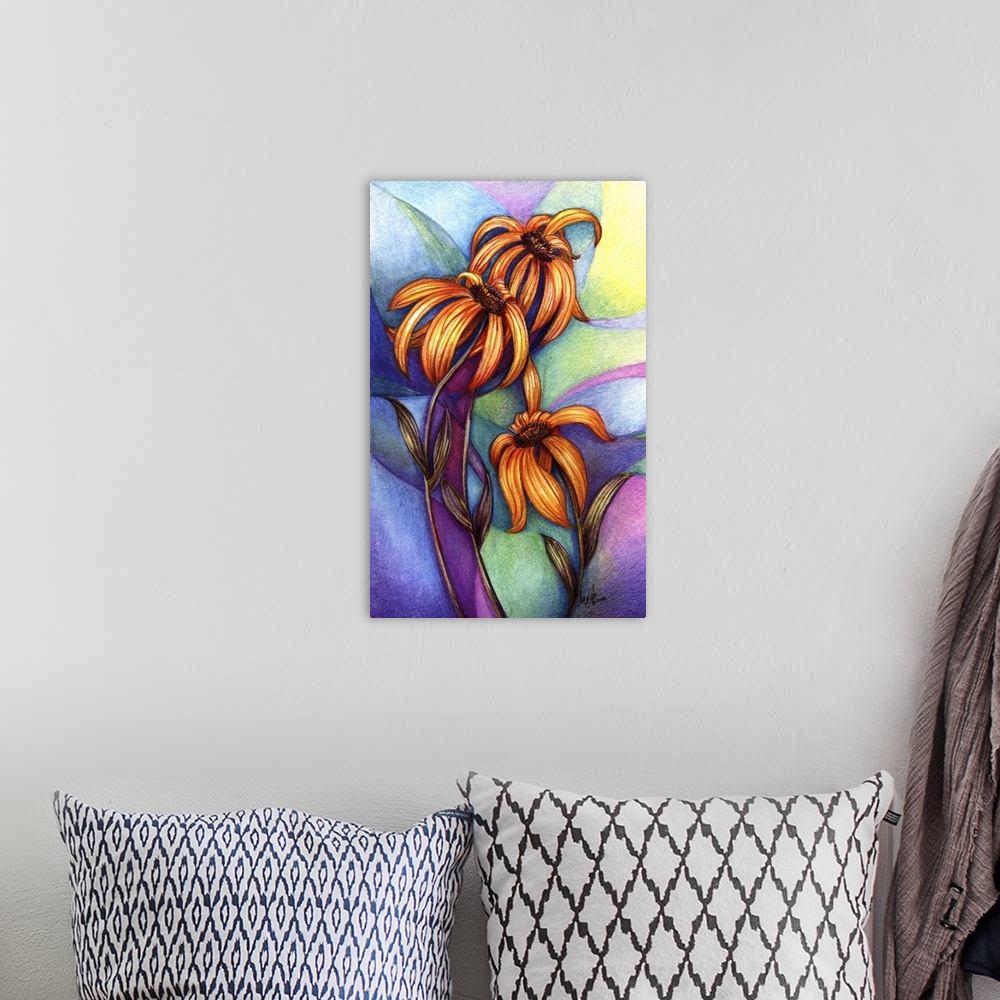 A bohemian room featuring Vertical modern painting of vibrant orange flowers against a color blocked scenery.