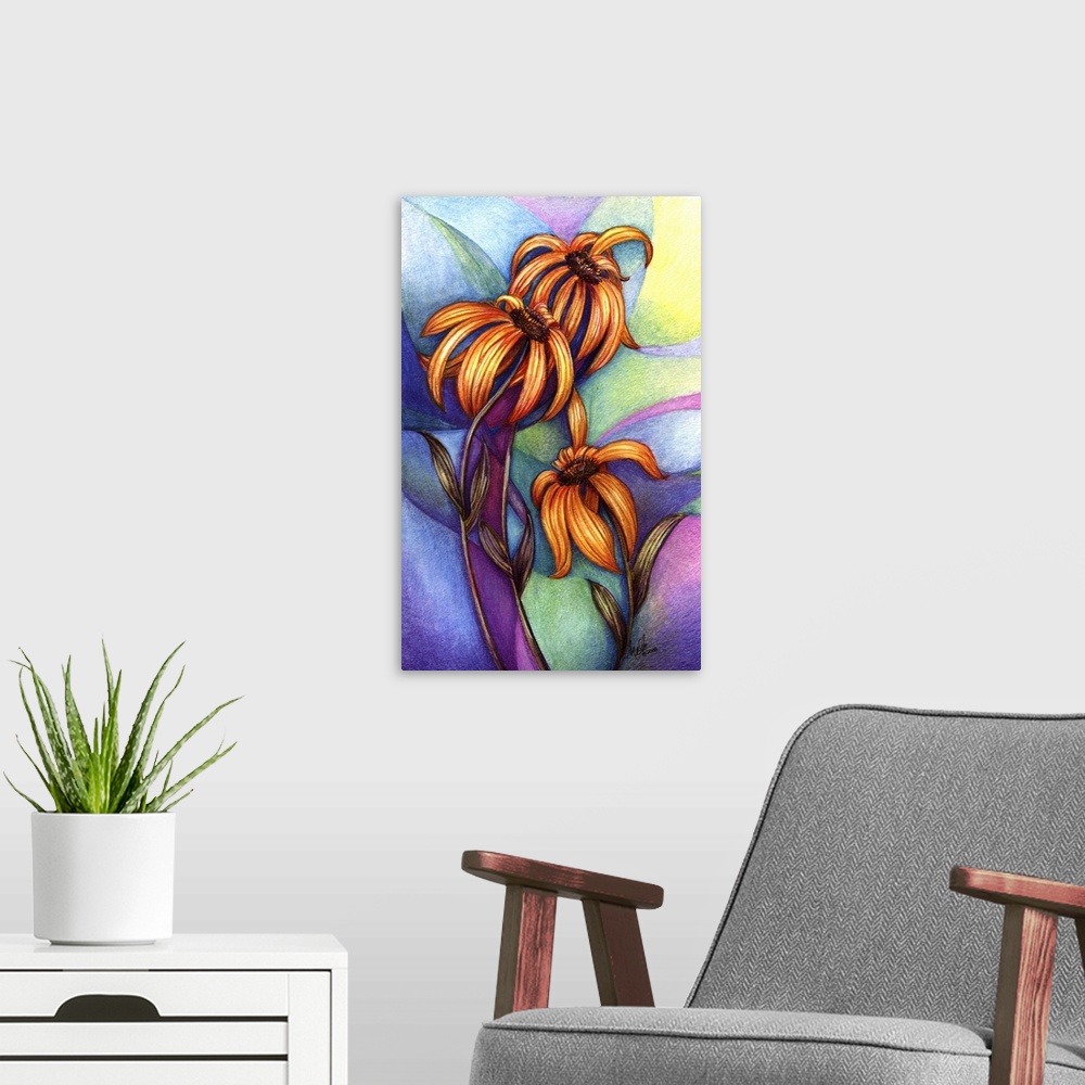 A modern room featuring Vertical modern painting of vibrant orange flowers against a color blocked scenery.