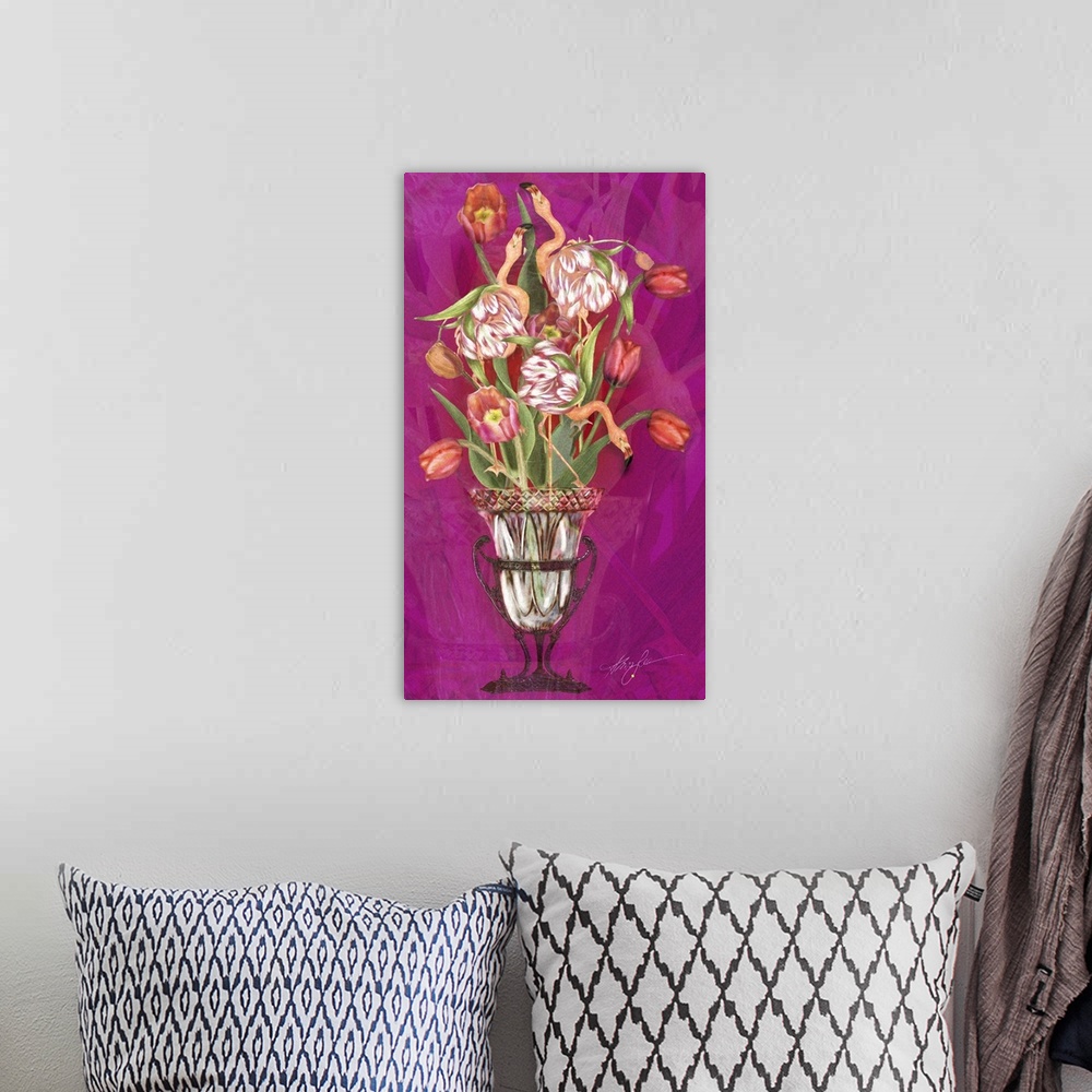 A bohemian room featuring Vertical painting of a vase of pink tulips with flamingos against a fuchsia setting.