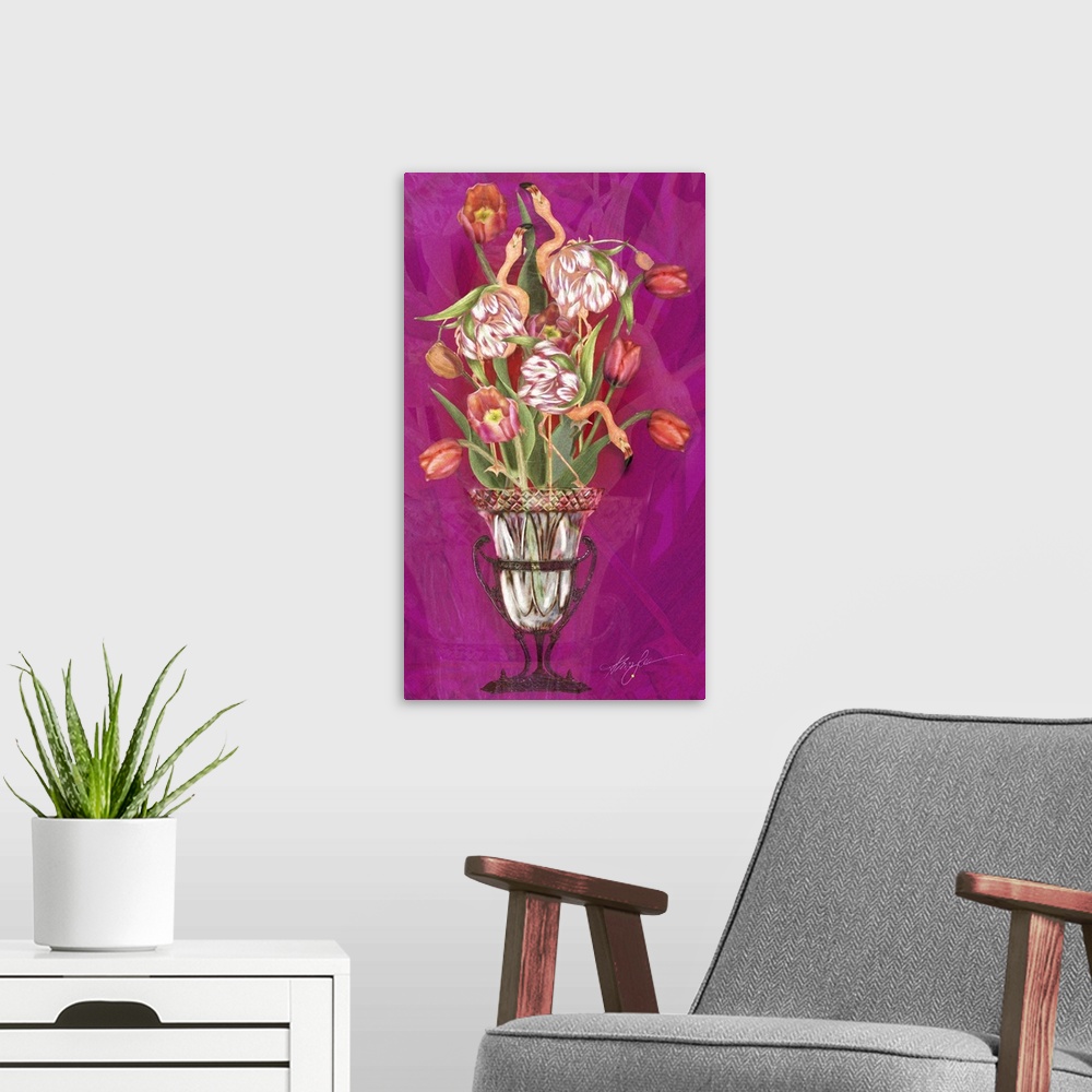 A modern room featuring Vertical painting of a vase of pink tulips with flamingos against a fuchsia setting.