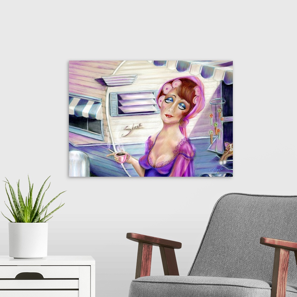 A modern room featuring Contemporary painting of a woman holding a coffee in front of a trailer with a cat in the window.