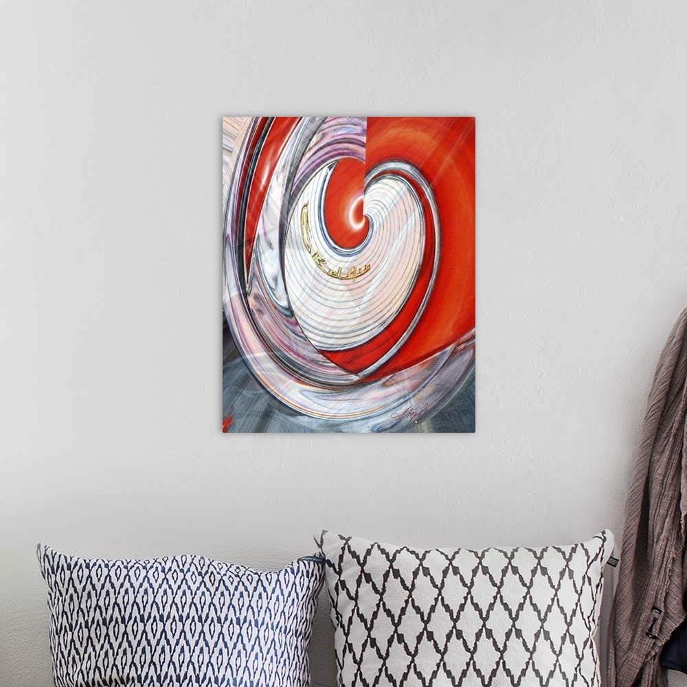 A bohemian room featuring Vertical abstract painting of vibrant colors in a spiral shape.