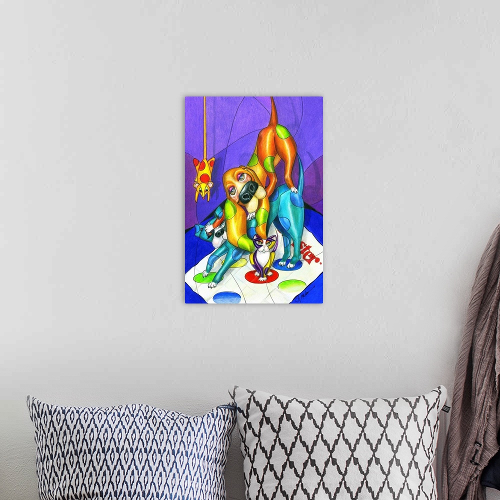 A bohemian room featuring Contemporary artwork in the style of cubism of cat and dogs playing a floor game in bold colors.