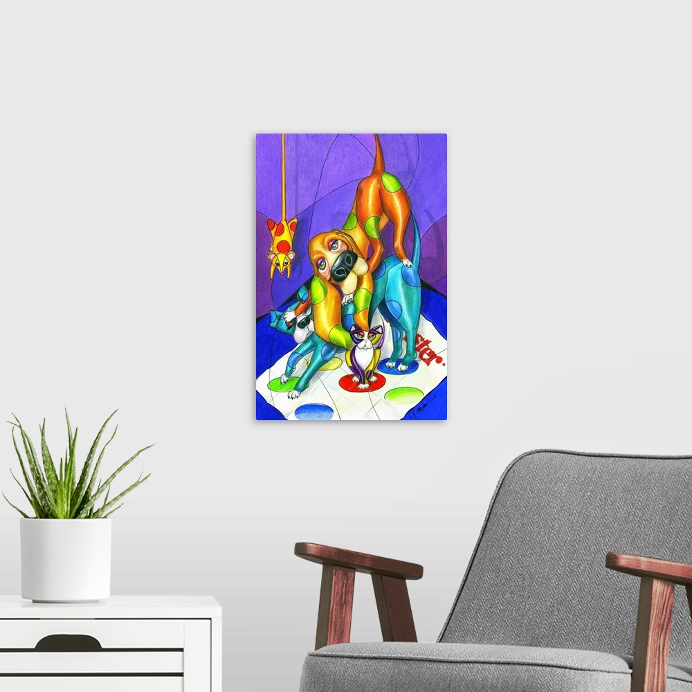 A modern room featuring Contemporary artwork in the style of cubism of cat and dogs playing a floor game in bold colors.