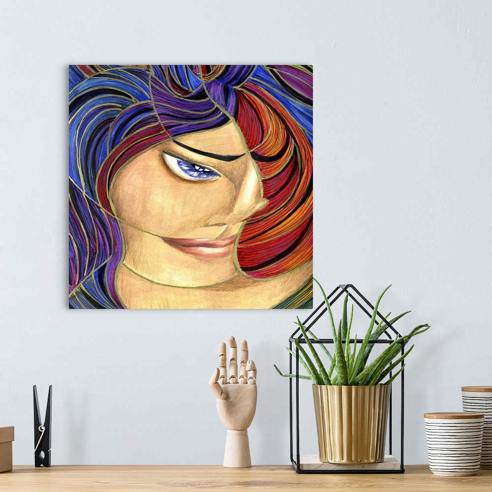 A bohemian room featuring Contemporary artwork in the style of cubism of a female portrait in bold colors.