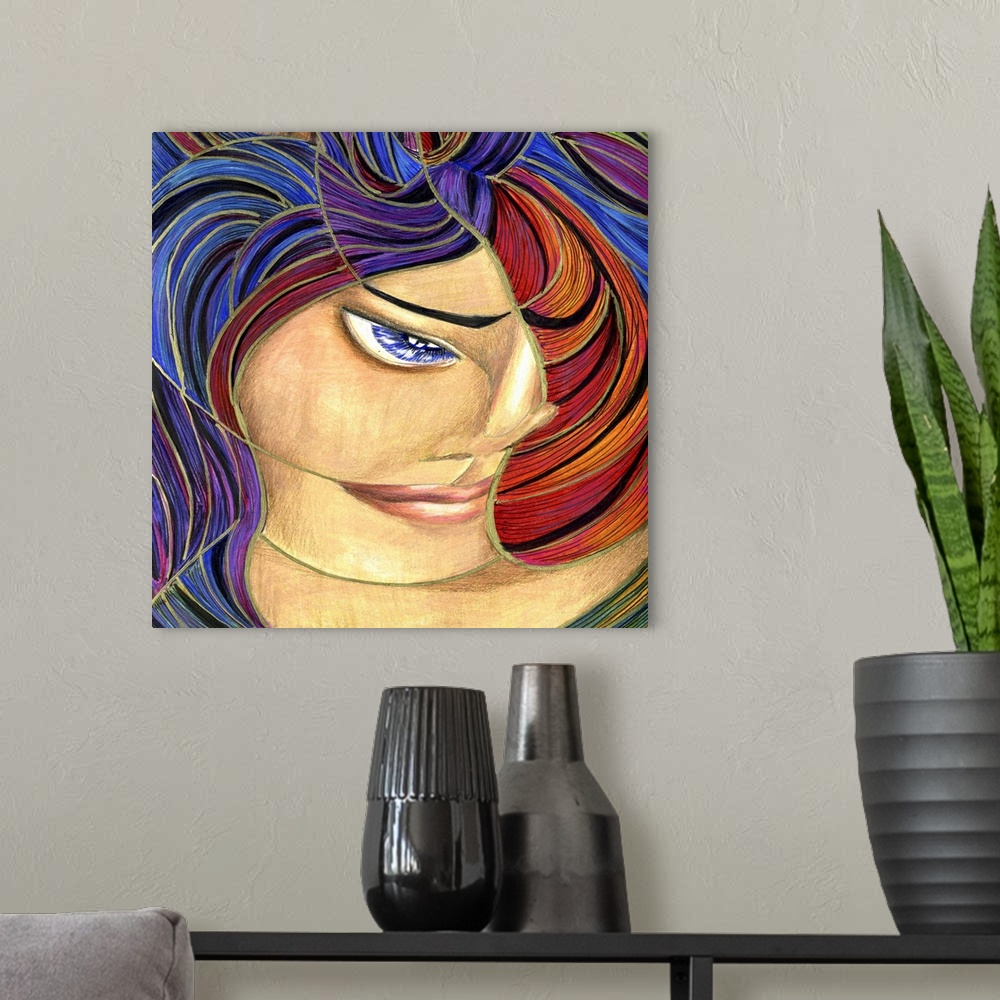 A modern room featuring Contemporary artwork in the style of cubism of a female portrait in bold colors.