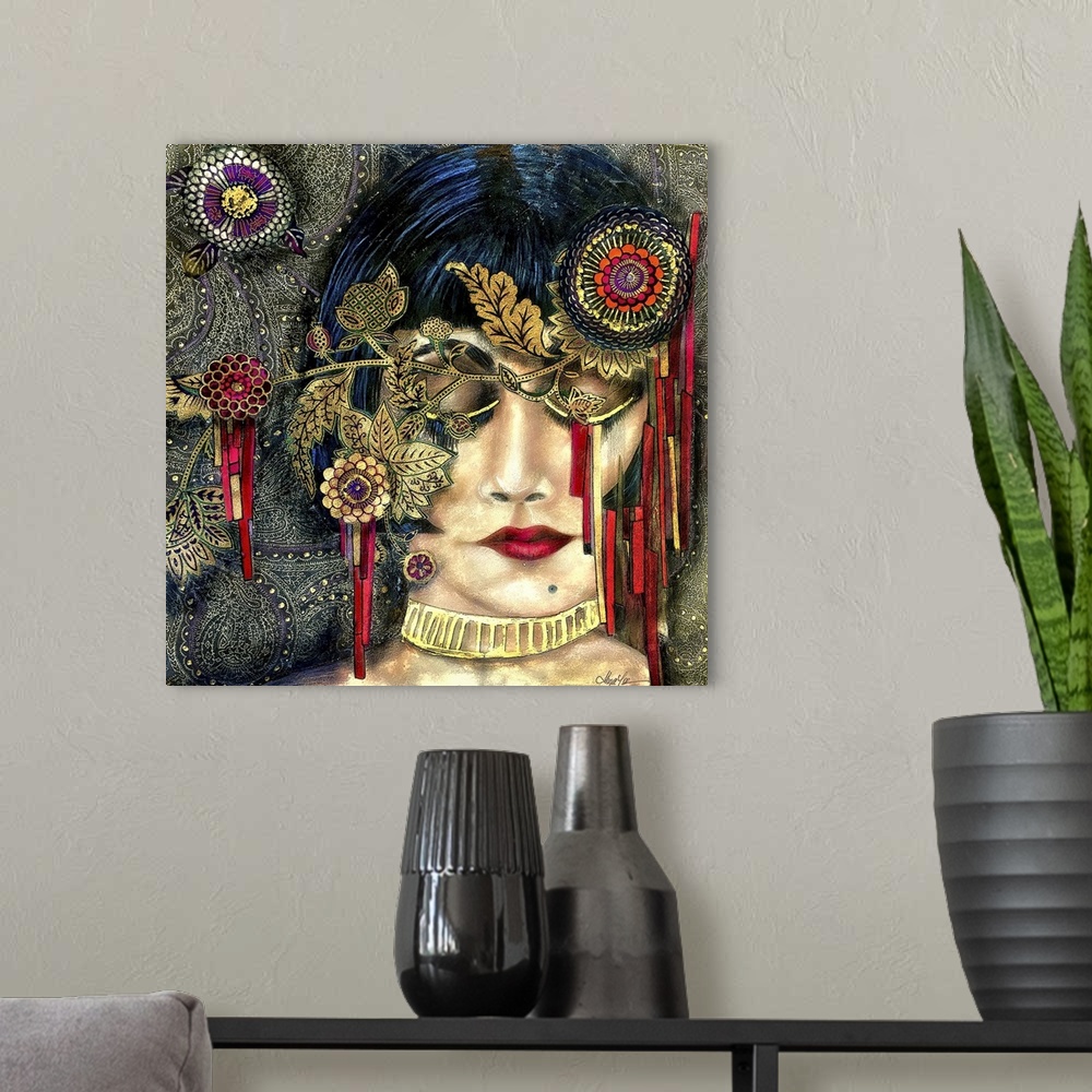 A modern room featuring A square abstract painting of a female wearing a headdress.