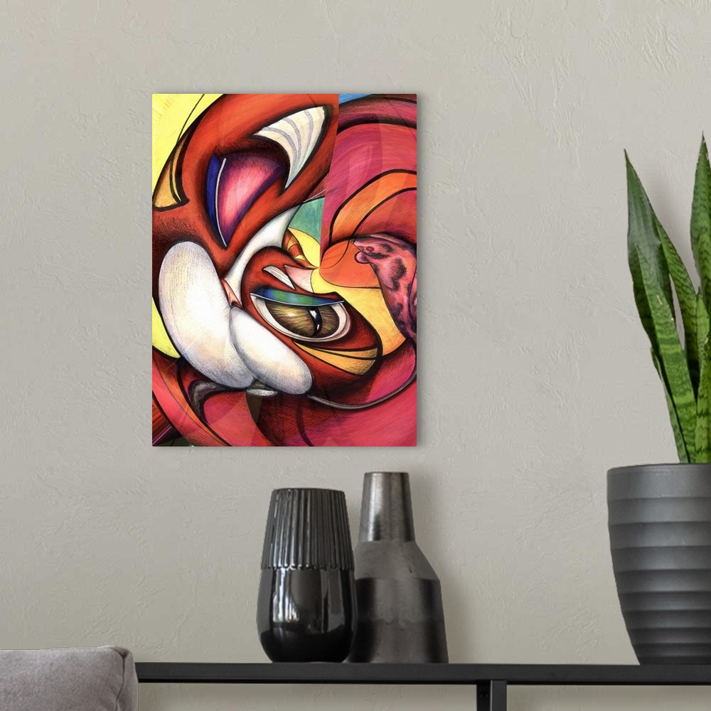 A modern room featuring Contemporary artwork in the style of cubism of a cat in bold colors.