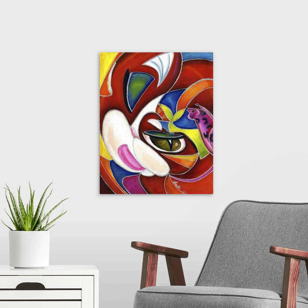 A modern room featuring Contemporary artwork in the style of cubism of a cat with a mouse in bold colors.
