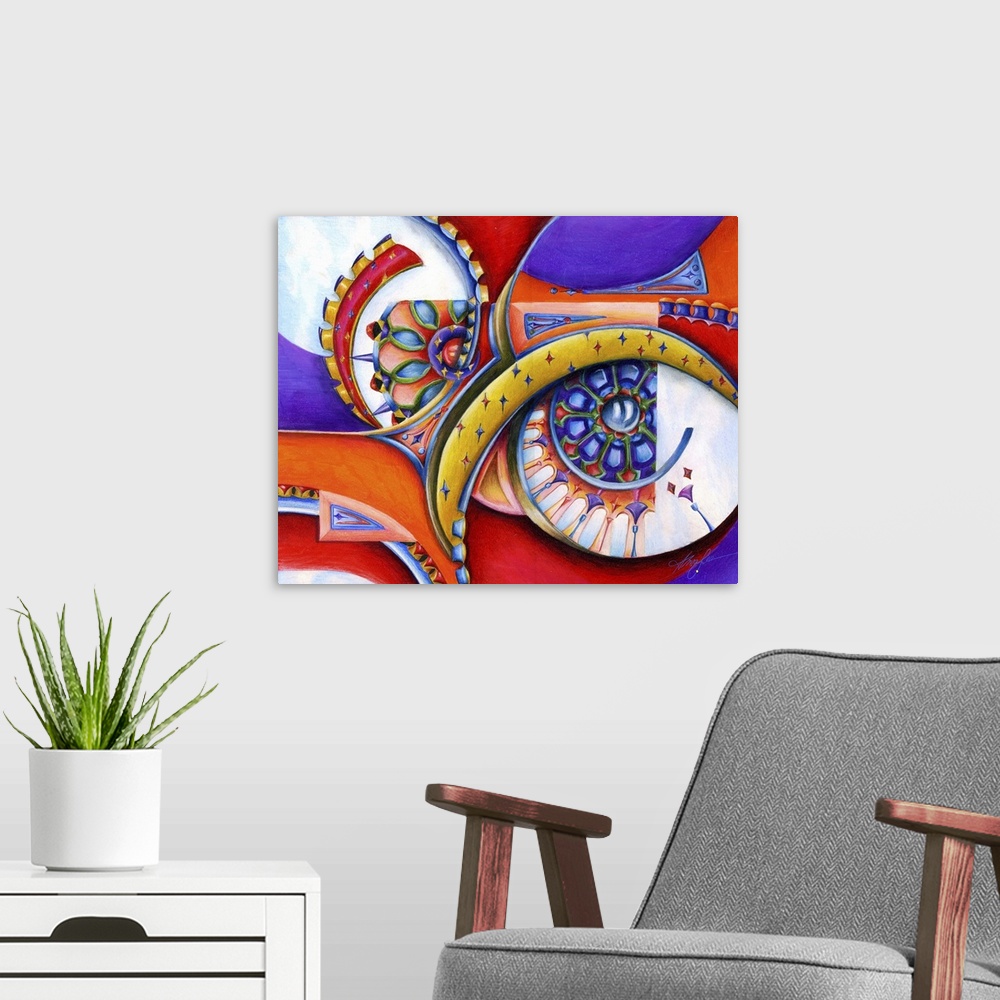A modern room featuring Horizontal abstract painting of vibrant colored shapes of circles and triangles.