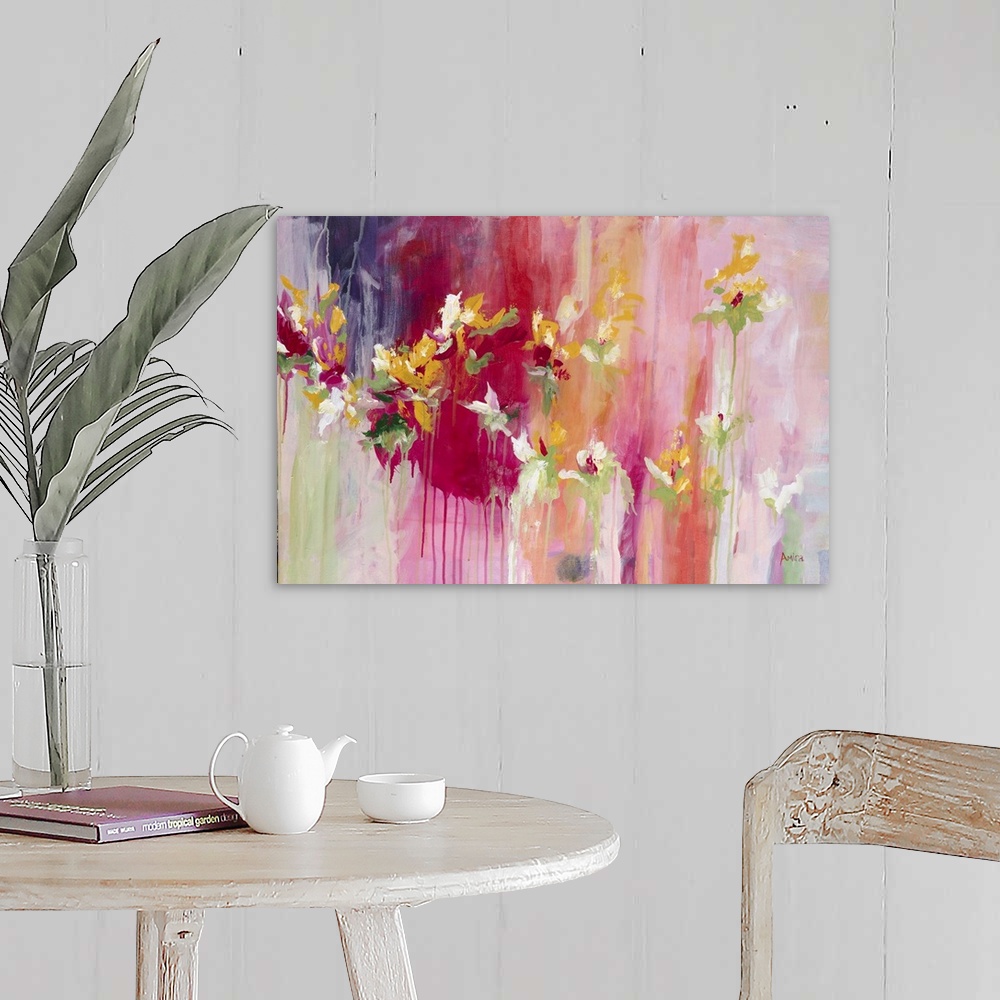 A farmhouse room featuring Contemporary abstract artwork in shades of red and pink with blooming flowers.
