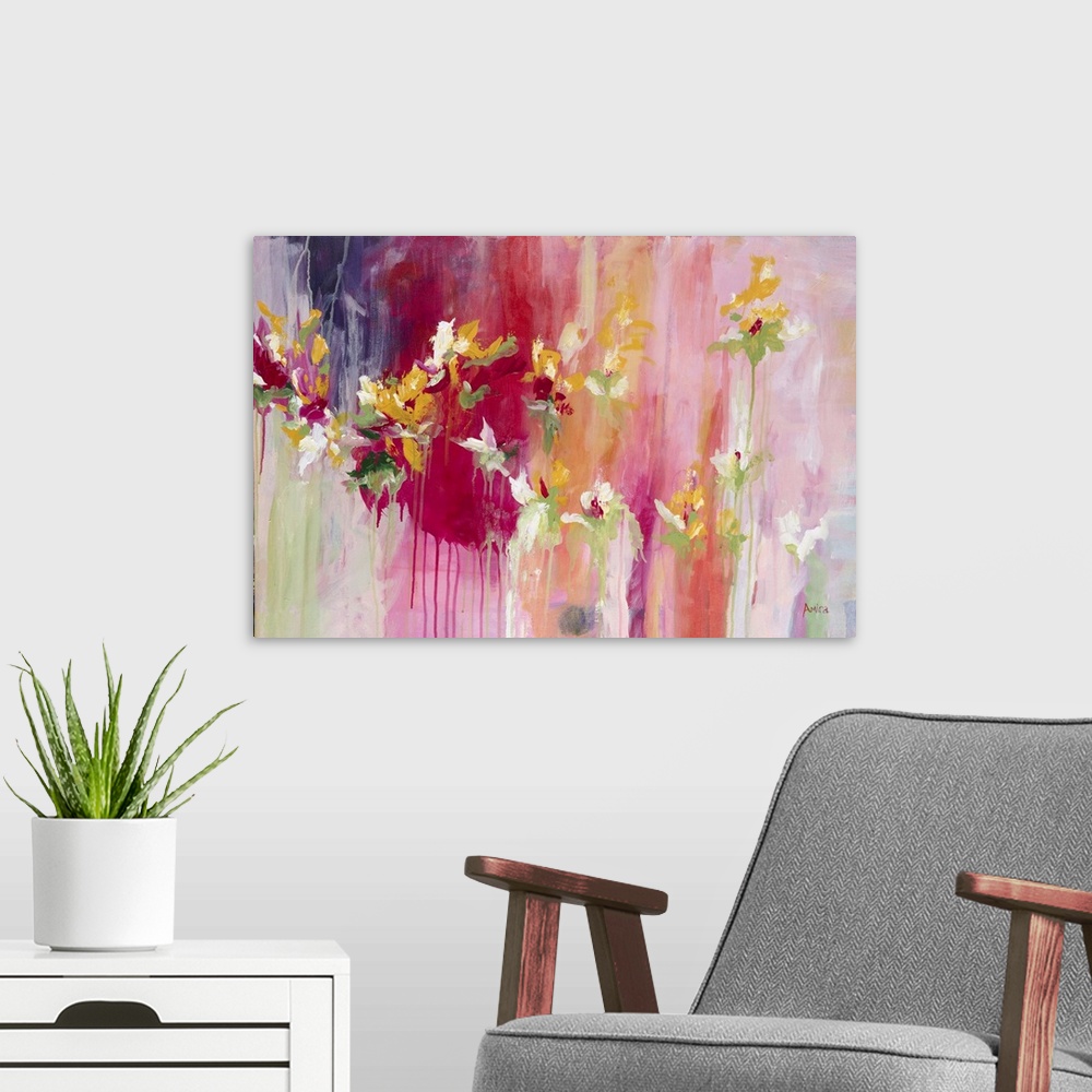 A modern room featuring Contemporary abstract artwork in shades of red and pink with blooming flowers.