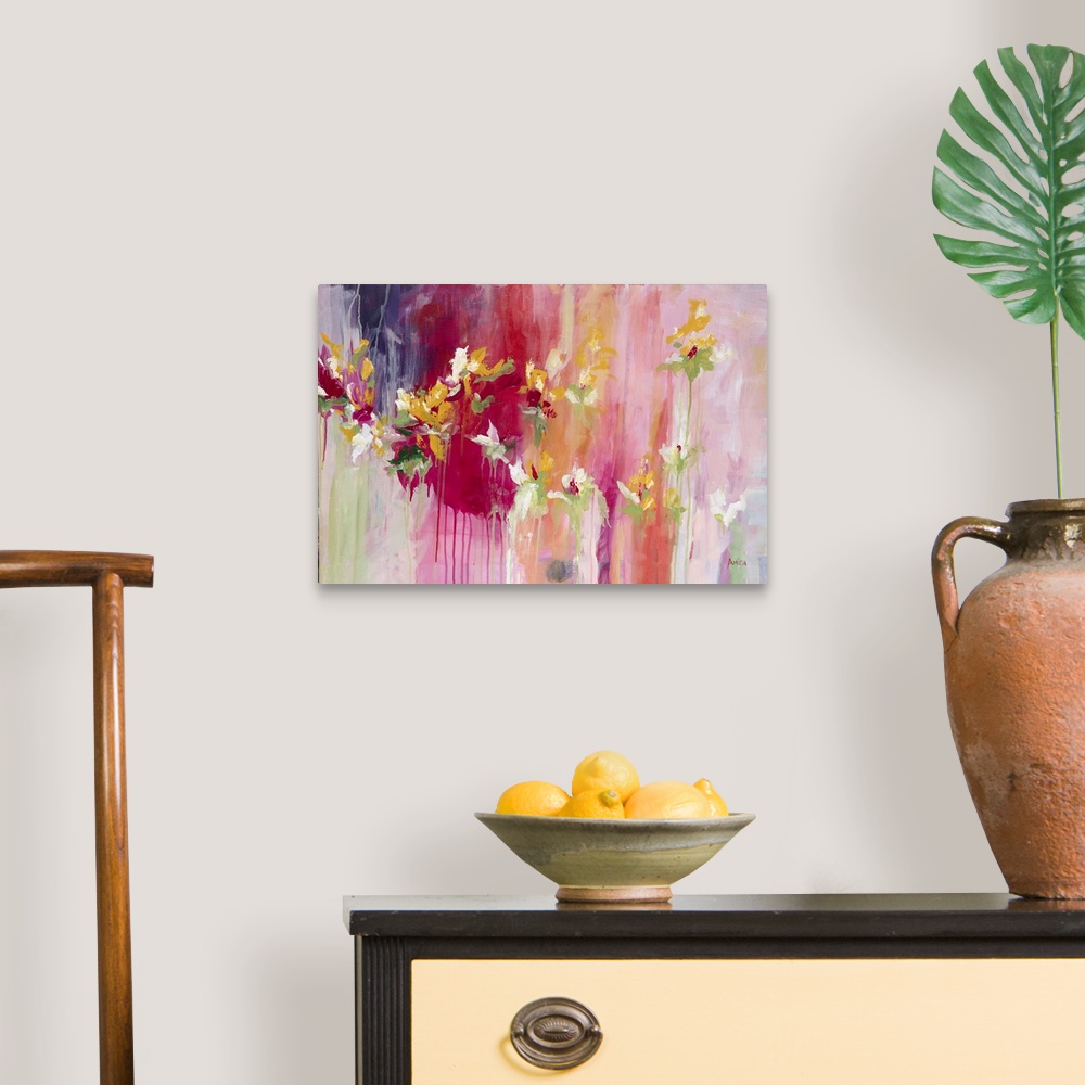 A traditional room featuring Contemporary abstract artwork in shades of red and pink with blooming flowers.