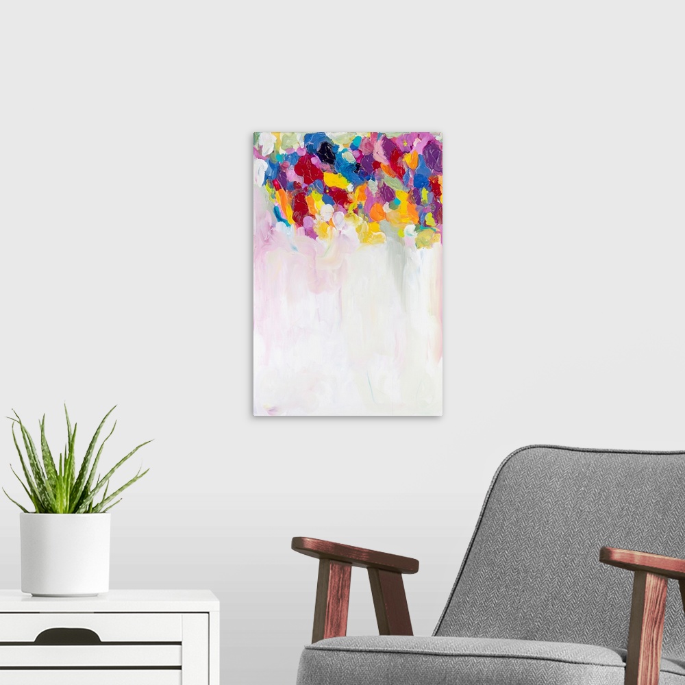 A modern room featuring Contemporary abstract painting with colorful spots at the top over a large white area.