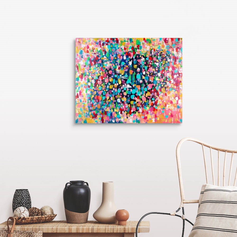 A farmhouse room featuring Contemporary abstract painting of vivid multicolored spots, resembling confetti.