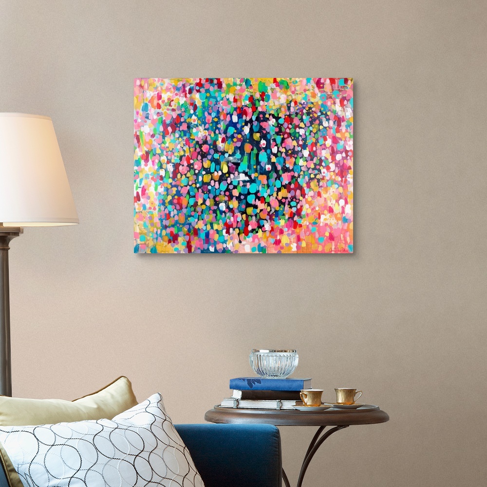 A traditional room featuring Contemporary abstract painting of vivid multicolored spots, resembling confetti.