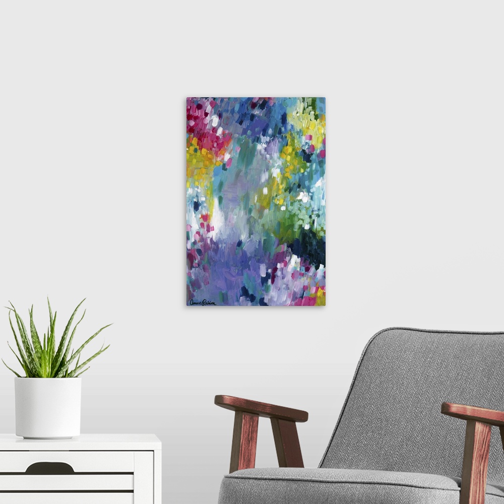 A modern room featuring Contemporary abstract painting in shades of purple, yellow, pink, and green.