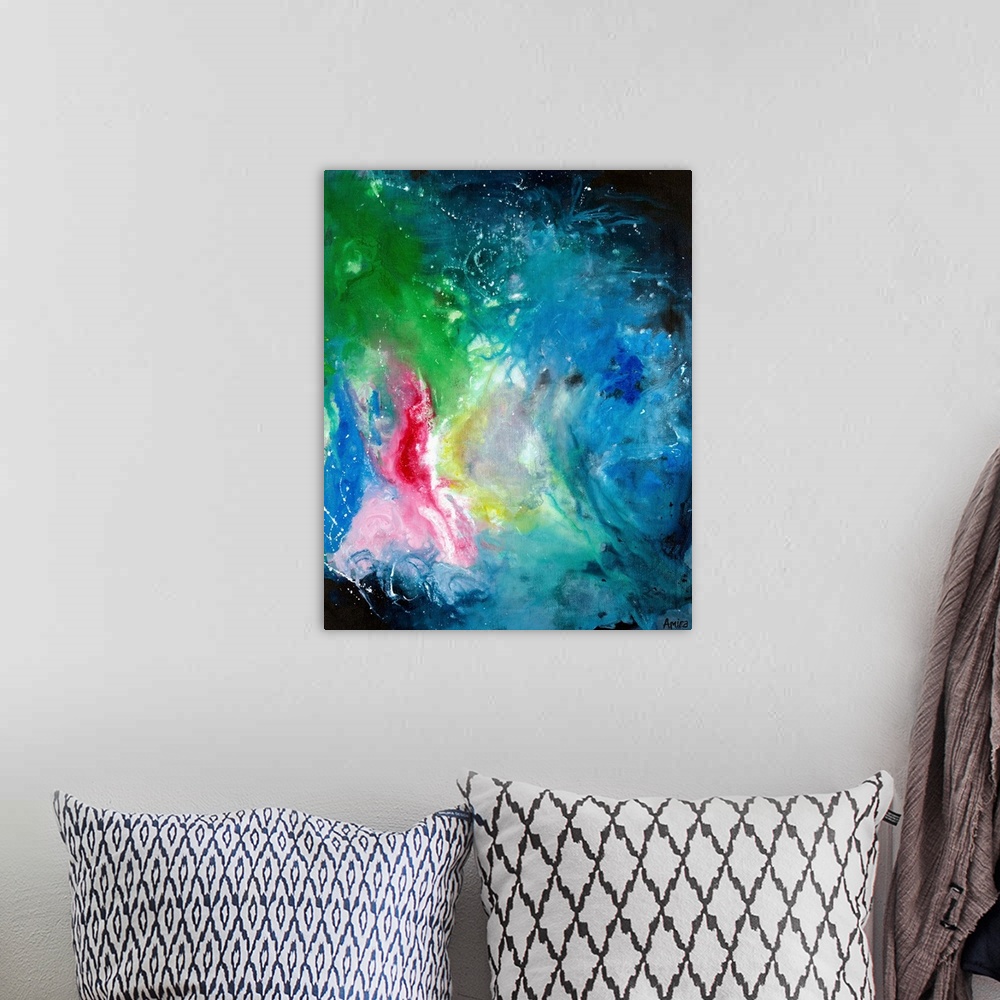 A bohemian room featuring Contemporary mixed media abstract painting in deep blue with a pop of pink and green.