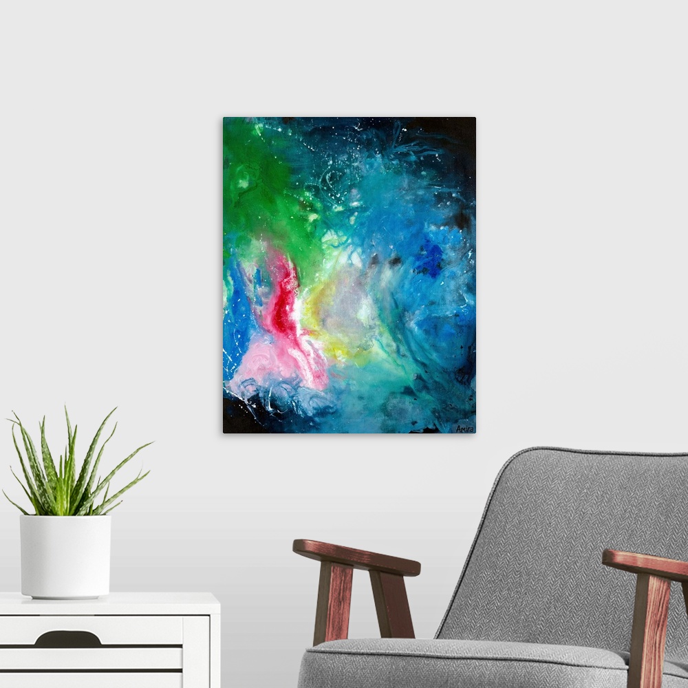 A modern room featuring Contemporary mixed media abstract painting in deep blue with a pop of pink and green.
