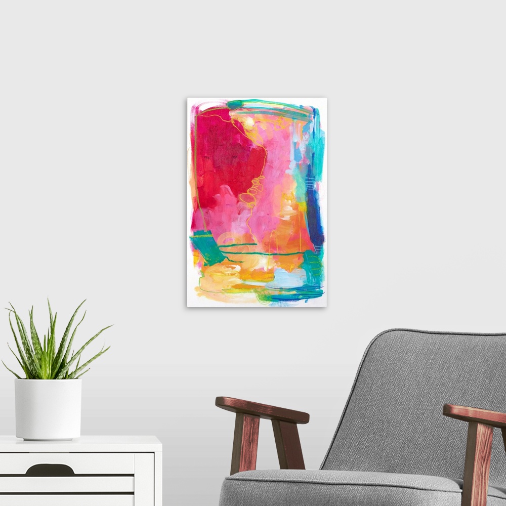 A modern room featuring Contemporary abstract artwork in bright red, pink, and teal shades.