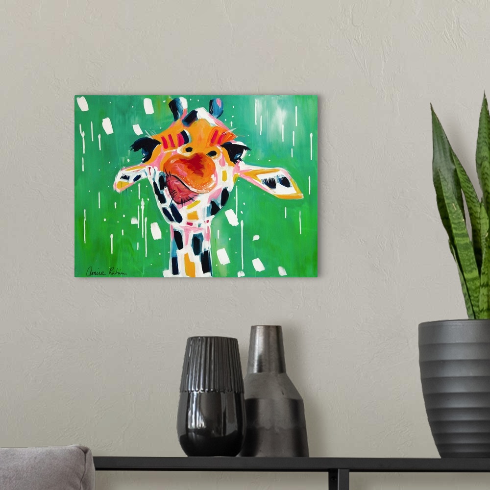 A modern room featuring Portrait of a giraffe against a bright green background.