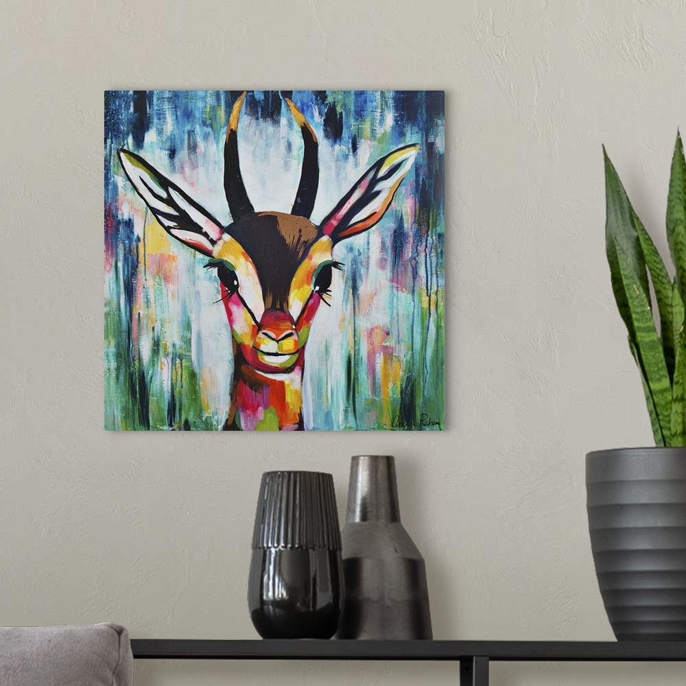 A modern room featuring Colorful portrait of a gazelle with long ears.