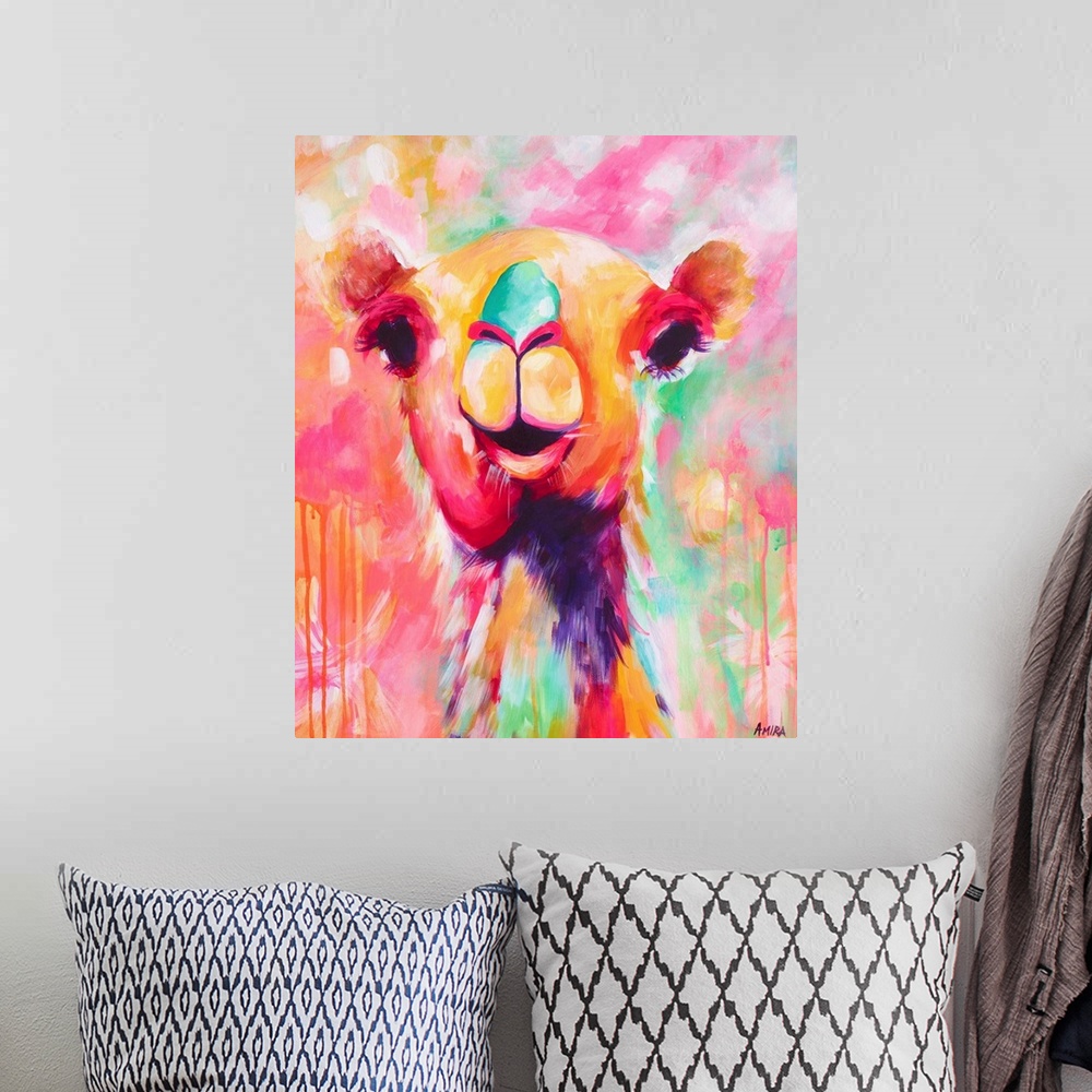 A bohemian room featuring Portrait of a camel in bright, tropical colors.