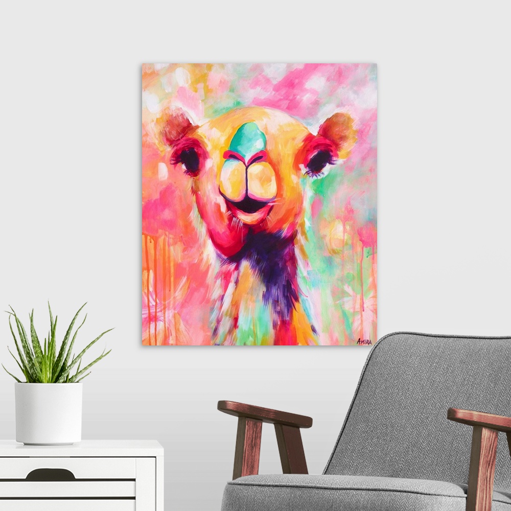 A modern room featuring Portrait of a camel in bright, tropical colors.