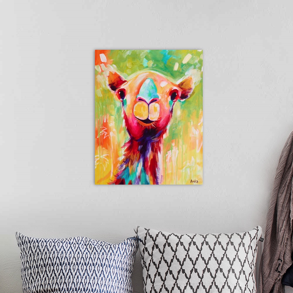 A bohemian room featuring Portrait of a camel in bright, tropical colors.