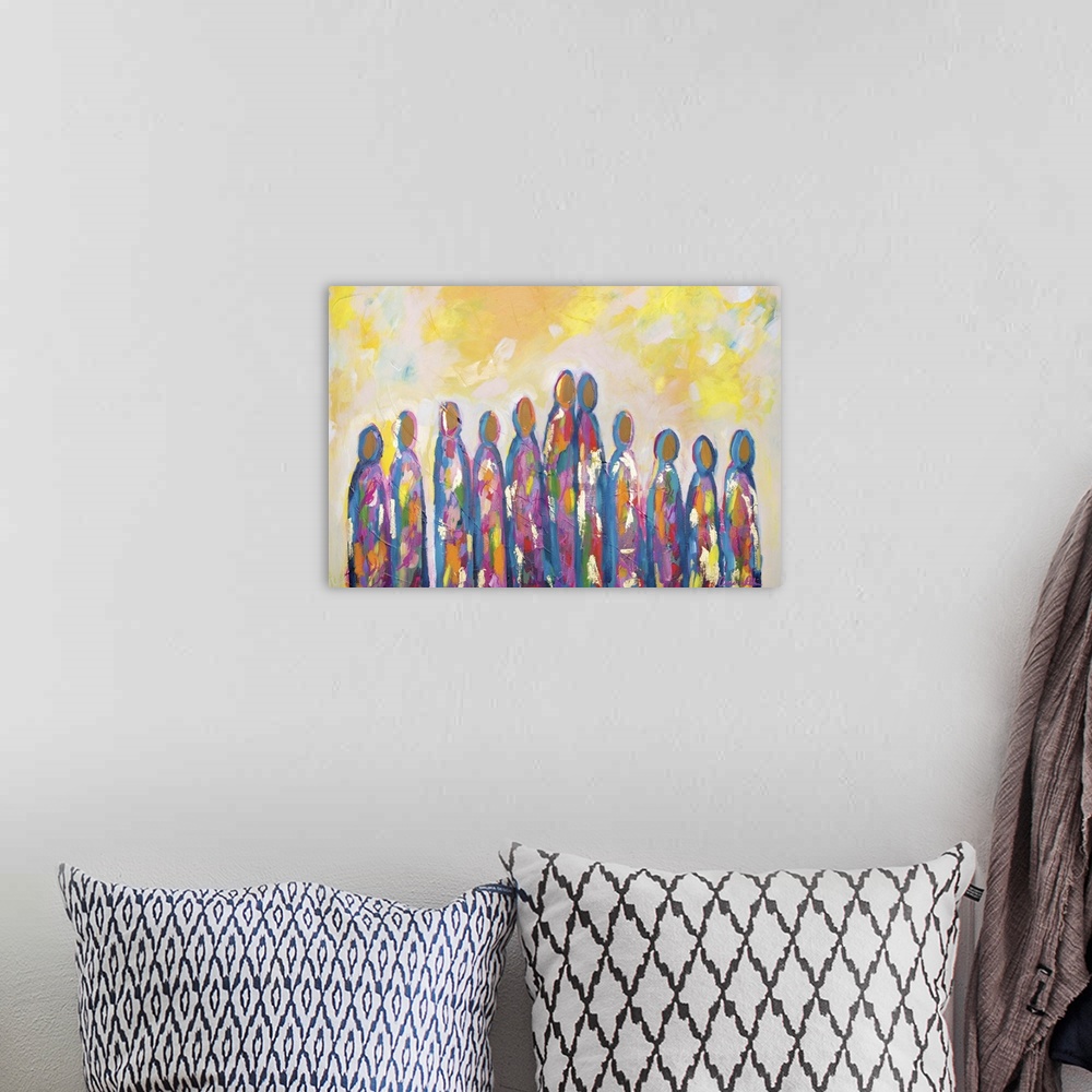 A bohemian room featuring Contemporary semi-abstract painting of a colorful group of figures in a row.