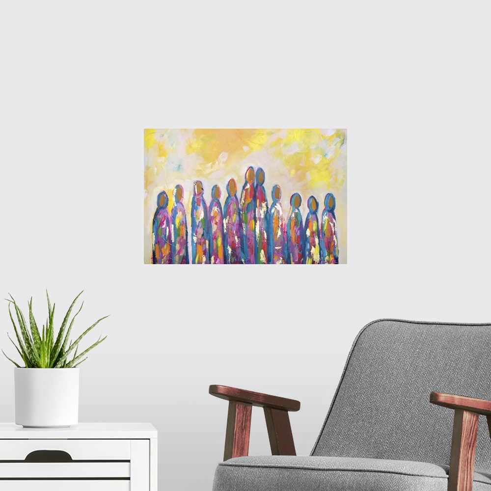 A modern room featuring Contemporary semi-abstract painting of a colorful group of figures in a row.