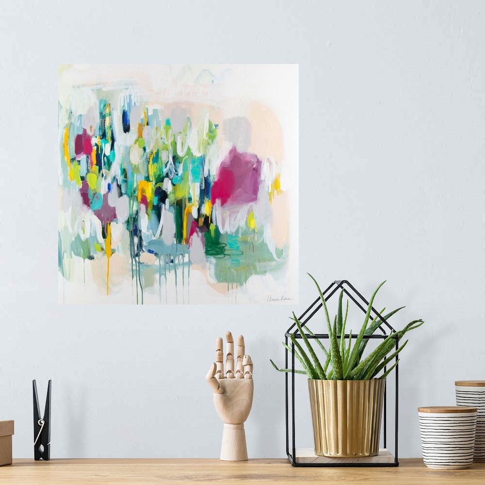 A bohemian room featuring Abstract mixed media artwork in bright greens and blues with a bit of pink on a white background.