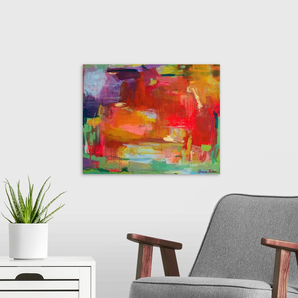 A modern room featuring Contemporary mixed media abstract artwork in vibrant red, green, and purple.