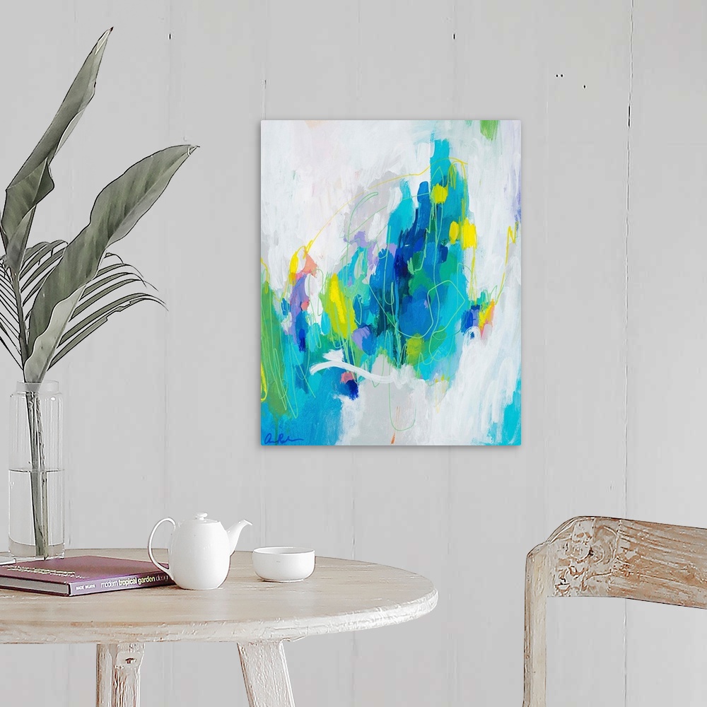 A farmhouse room featuring Contemporary abstract art with blue and turquoise tones surrounded by white.