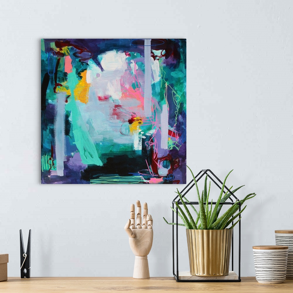 A bohemian room featuring Abstract mixed media painting in shades of lavender and teal.