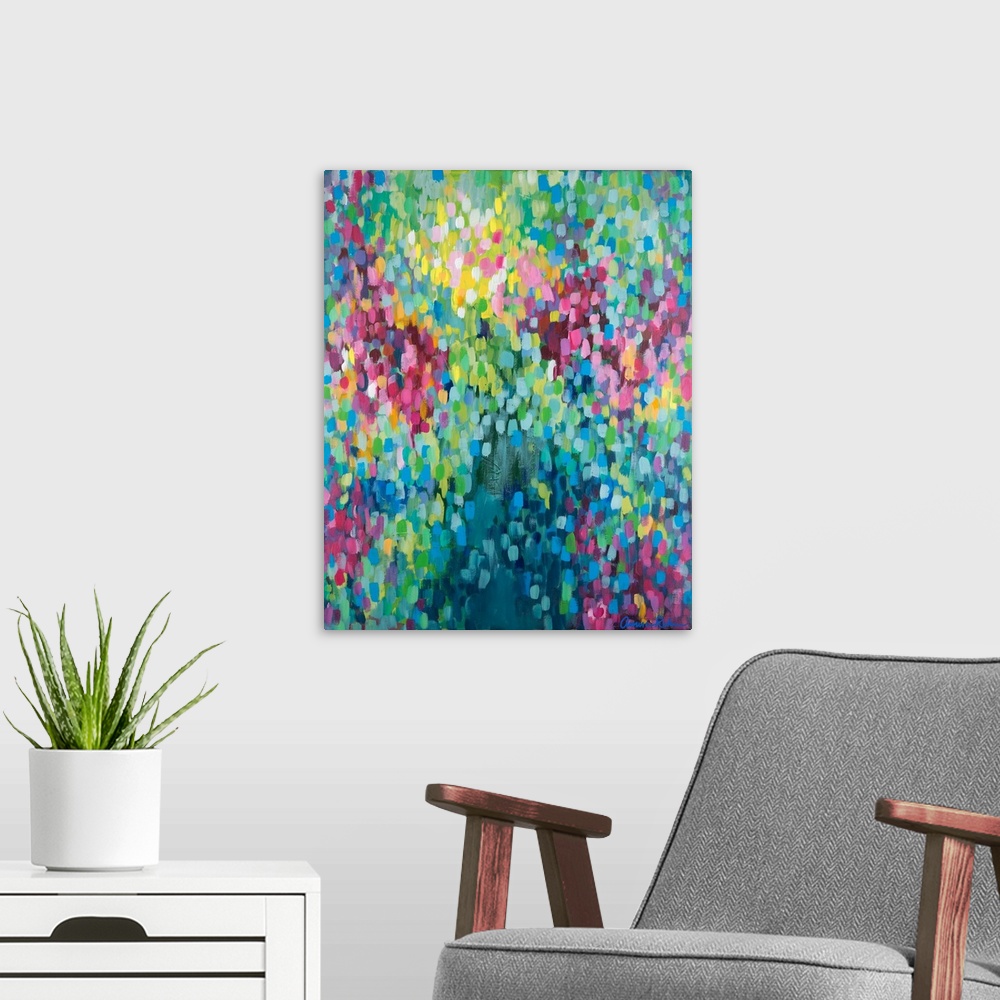 A modern room featuring Contemporary abstract painting of vivid multicolored spots, resembling confetti.