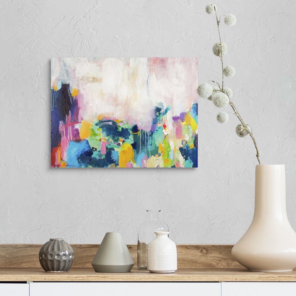 A farmhouse room featuring Contemporary abstract painting with pink, yellow, and teal against white.